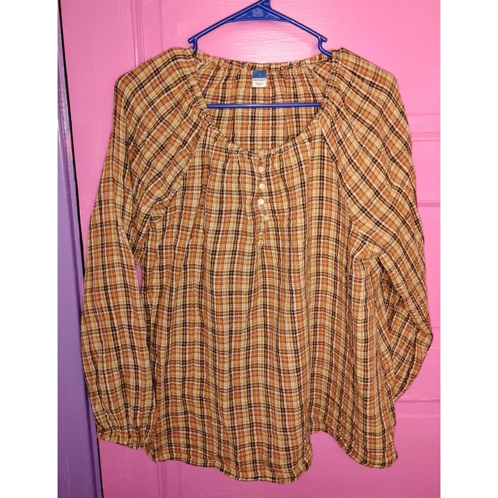Old Navy Women's Brown Plaid Long Sleeve Blouse Top Feminine Cottage Boho Large